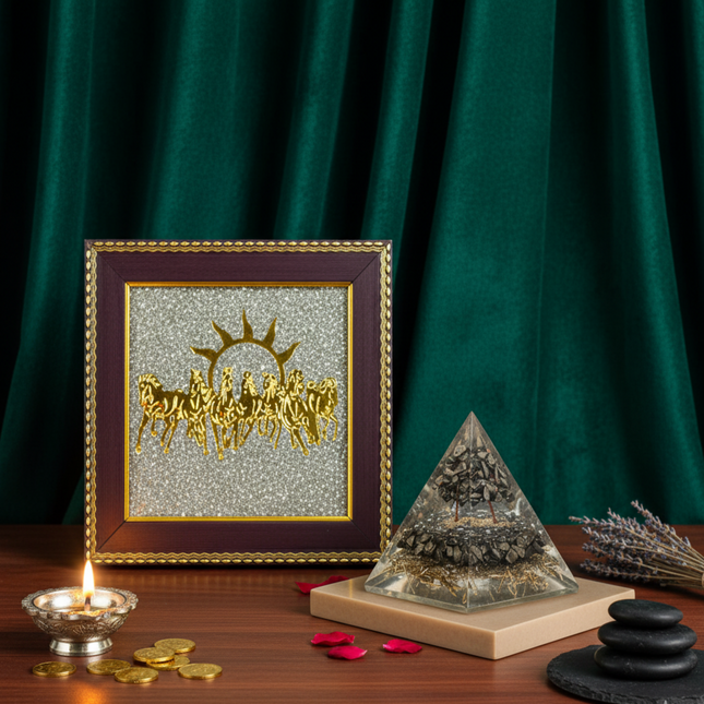 7 Horses on Raw Pyrite Frame with Money Magnet Crystal Pyramid